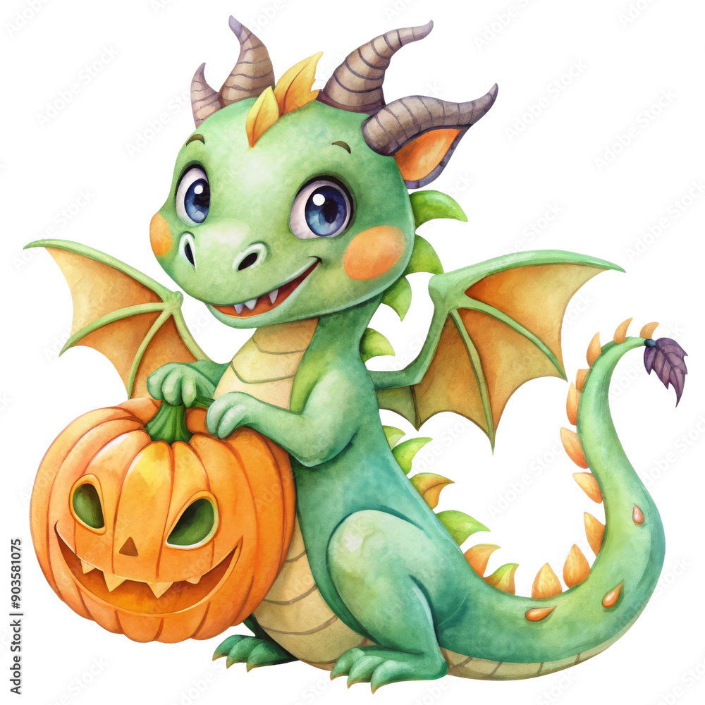 Fototapeta premium Watercolor clipart Halloween dragon, adorable and bright, with a pumpkin tail, transparent background