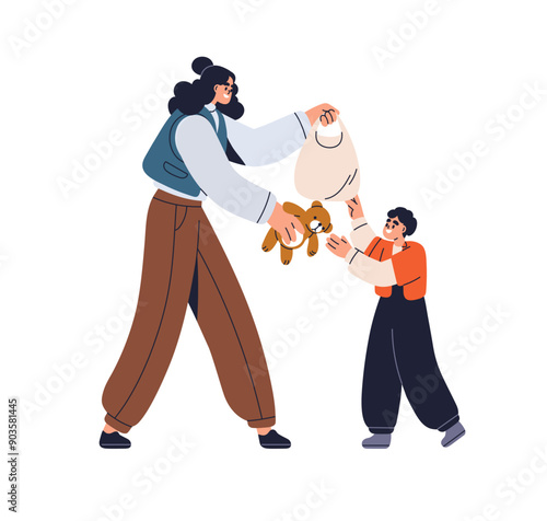 Volunteer helping child, giving charity gift. Support and care for orphan. Hu...