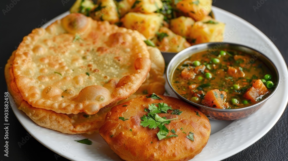 Green peas puri kachori and potato curry on white plate against black background Green peas puri kachori and potato curry on white plate against black background