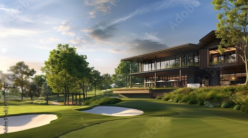 Golf course with a clubhouse surrounded by trees and a pond in a serene setting. Scenic landscape, outdoor sport, golfing environment, peaceful nature. Generative by AI