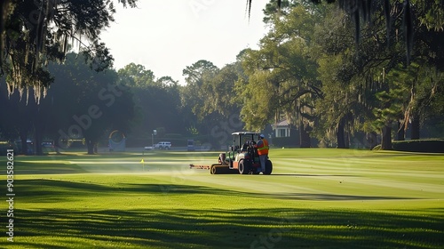 Tractor mowing the grass on a well-maintained golf course surrounded by trees. Maintenance, outdoor sport, greenkeeping, golfing grounds Generative by AI photo