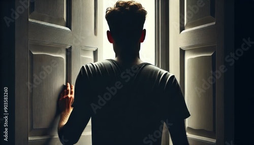 ドアを開けて外を見る男性の後ろ姿