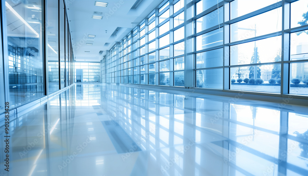 Modern, spacious office hallway with glass walls and natural light streaming in, creating a bright and airy atmosphere. Modern, spacious office hallway with glass walls and natural light streaming in, creating a bright and airy atmosphere.