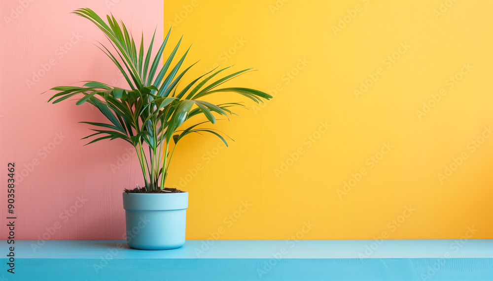 A green potted plant in a blue pot sits against a vibrant background with pink and yellow panels, creating a lively and fresh atmosphere. A green potted plant in a blue pot sits against a vibrant background with pink and yellow panels, creating a lively and fresh atmosphere.