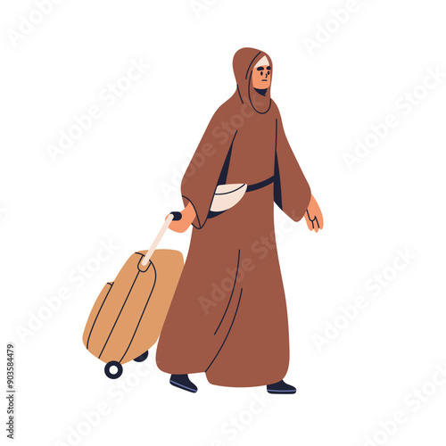 Refugee woman with suitcase. Muslim female immigrant, walking with luggage. Arab migrant, migration. Sad stressed character moving for asylum. Flat vector illustration isolated on white background