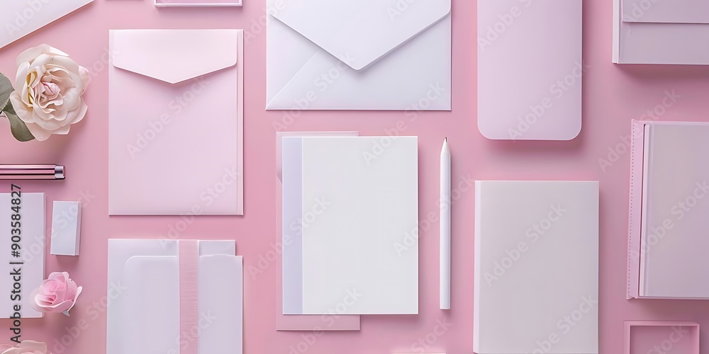 Pink and White Envelopes, Papers, and Roses Flat Lay Illustration Pink and White Envelopes, Papers, and Roses Flat Lay Illustration