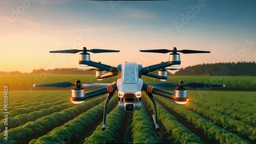 Agricultural Innovation: Sleek Black Drone Equipped with Orange Lights and High-Definition Camera Captures Golden-Hued Crops at Sunset