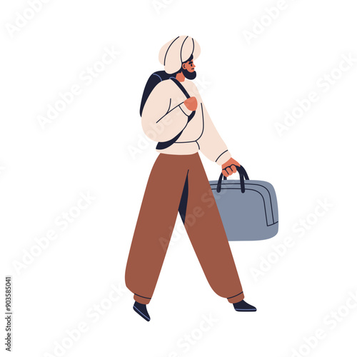 Tourist, Arab Muslim man with luggage. Traveler carrying suitcase and backpack. Arabian character with baggage on adventure.Male walking with bag. Flat vector illustration isolated on white background