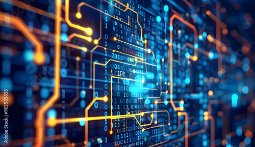 Abstract digital scape in deep hues, featuring vibrant red/orange pixels on dark background, evoking future tech vibes.