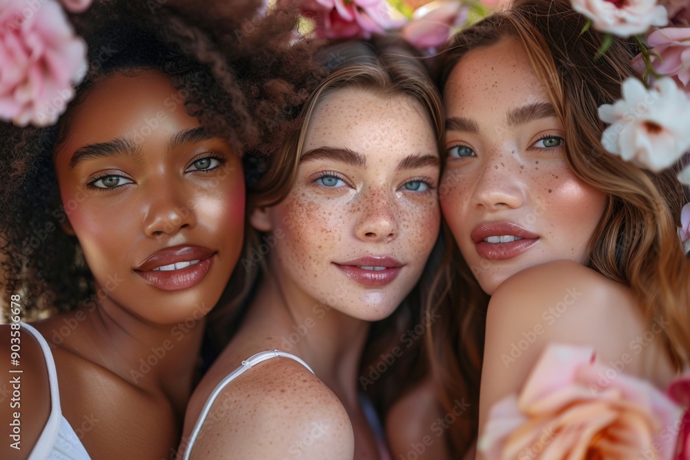 Group portrait of three women with different skin tones surrounded by flowers. Group portrait of three women with different skin tones surrounded by flowers.