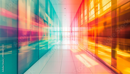 A vibrant, modern hallway with colored glass walls in shades of blue, yellow, and red, creating a dynamic and artistic atmosphere.