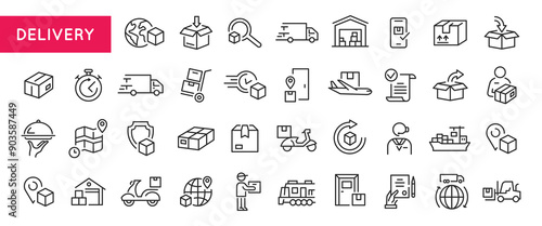 Delivery Services icons. Set of 20 Delivery trendy minimal icons featuring concepts such as worldwide shipping, package tracking, express mail, and secure transportation. Vector illustration 