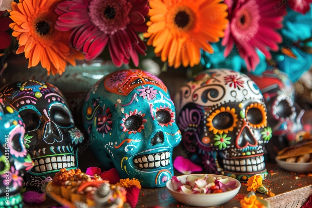Fototapeta premium Colorful Day of the Dead skulls with flowers