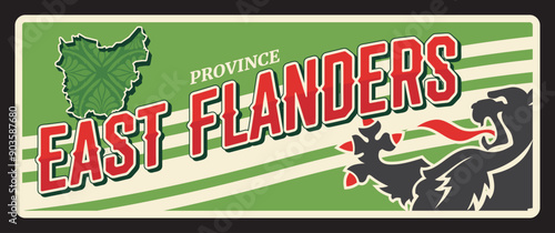 East Flanders Belgian region Belgium travel plate or sticker, vector. Belgium city tin sign or luggage tag with Belgian heraldic symbol black lion coat of arms and tourism sightseeing, territory map