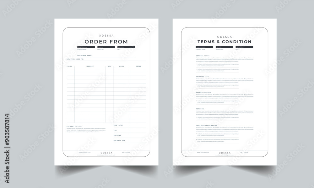 Product Order Form and Terms Sheets Template 2 page design layout Product Order Form and Terms Sheets Template 2 page design layout