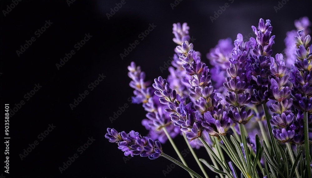 Close-up of lavender flowers, Soft focus on black banner background Close-up of lavender flowers, Soft focus on black banner background