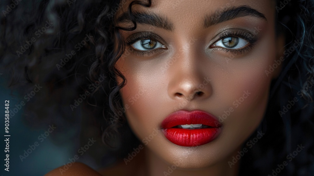 Close-up portrait of a woman with bold makeup and red lipstick. Close-up portrait of a woman with bold makeup and red lipstick.