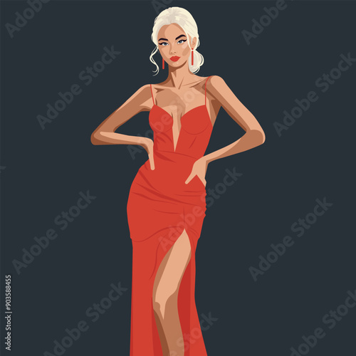 Charming young blonde woman in an elegant red dress with bare shoulders and a slit on the leg. Flat fashion illustration, vector.