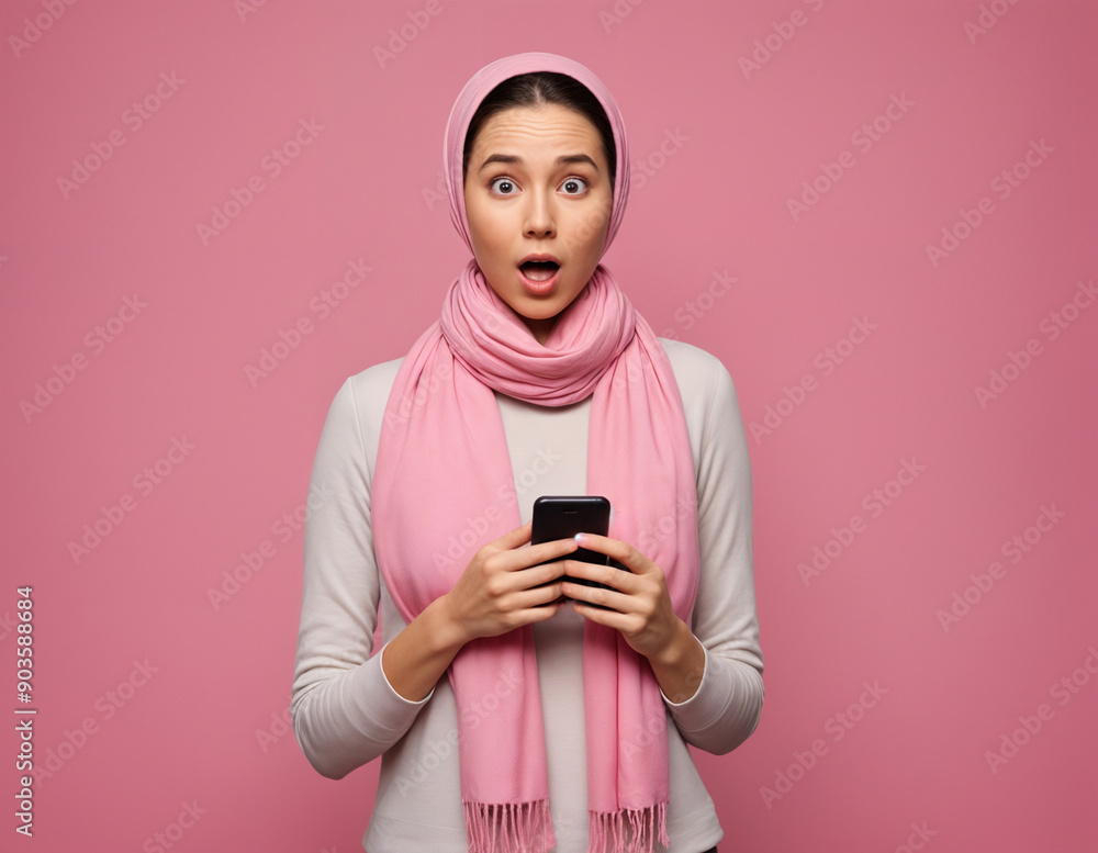 a woman is looking at a phone with a pink hijab on her head a woman is looking at a phone with a pink hijab on her head