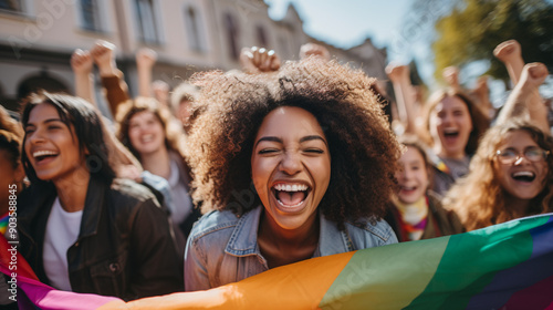 Group of LGBTQ+ people celebrating with pride flag, photography. photo