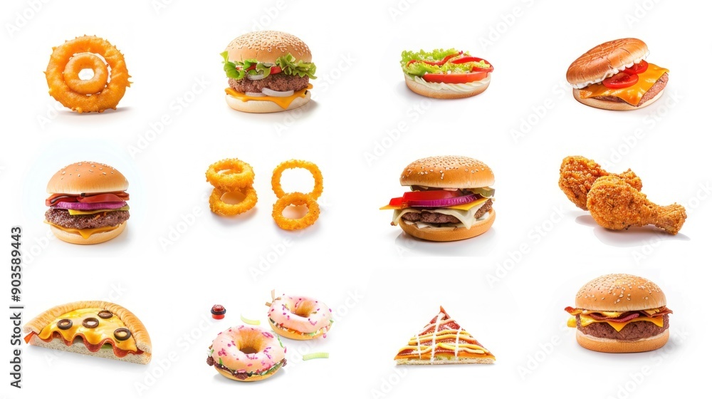Fast food collection isolated on white background. onion rings, sandwich, fried chicken, pizza slice, hamburger. closeup abstract of different food items Fast food collection isolated on white background. onion rings, sandwich, fried chicken, pizza slice, hamburger. closeup abstract of different food items