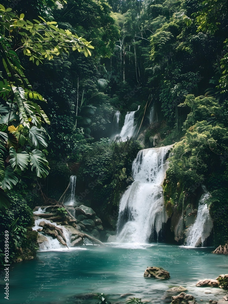 Naklejka premium Waterfall cascading into a turquoise pool surrounded by dense jungle vegetation