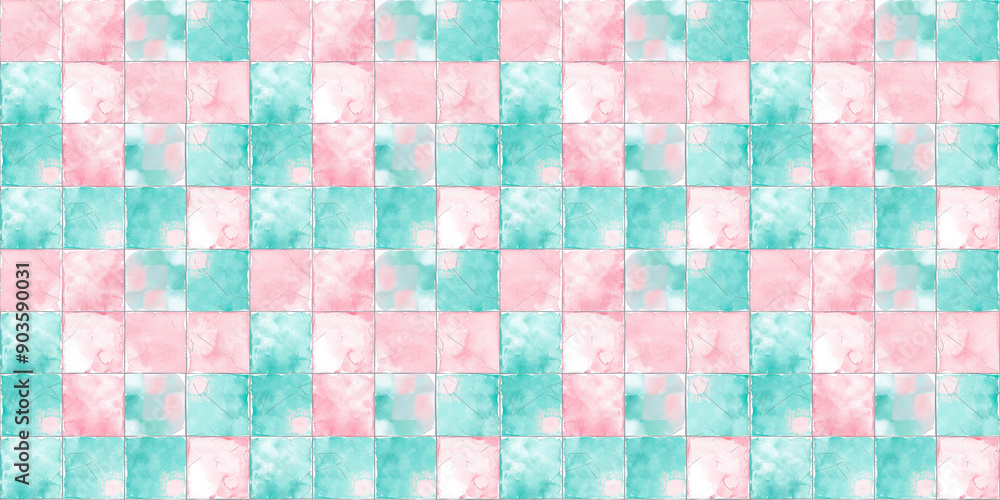 Fototapeta premium Blush pink and light teal tiles background, clean surface texture, white background