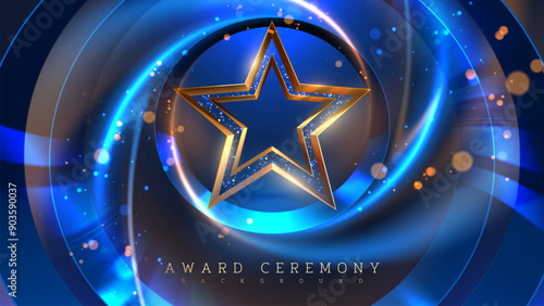Elegant 3D star display stand with sparkling decoration and bright blue spotlights. Ideal for award ceremonies, celebrations and recognition events. Vector illustration.