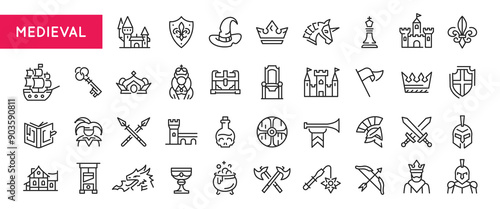 Medieval icons. Large set of medieval trendy minimal icons. Example: Crown, Dragon, Shield, Knight, Swords icon. Design signs for web page, mobile app, packaging design. Vector illustration.