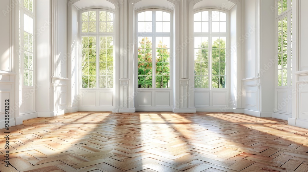 Fototapeta premium A bright and airy room with large windows letting in natural light. The white walls and herringbone hardwood floor create a spacious and elegant ambiance. The sunlight streams through the windows, ca