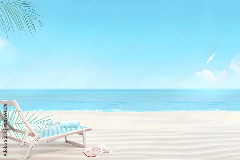 Relaxing beach scene with a lounge chair and flip-flops on a serene shoreline. Relaxing beach scene with a lounge chair and flip-flops on a serene shoreline.