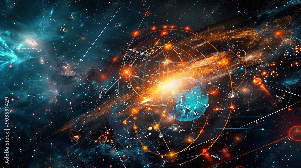 Obraz premium Abstract Cosmic Web with Earth and Glowing Stars