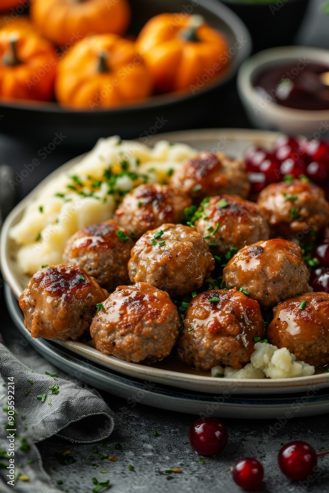 Swedish Meatballs, Köttbullar: A plate of traditional Swedish meatballs served with creamy gravy, cranberry sauce, and mashed potatoes. Swedish Meatballs, Köttbullar: A plate of traditional Swedish meatballs served with creamy gravy, cranberry sauce, and mashed potatoes.