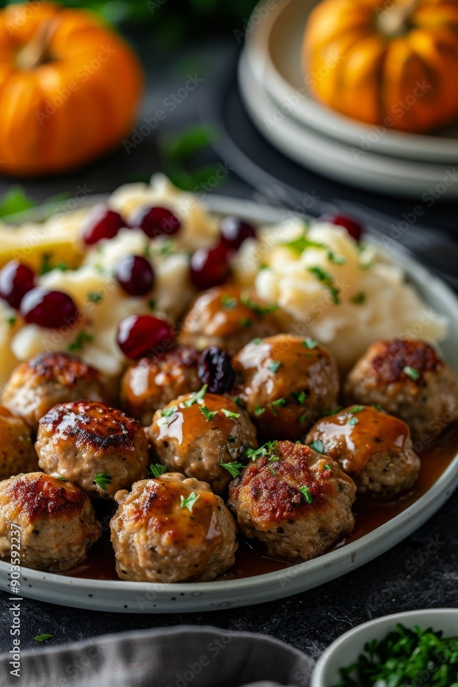Swedish Meatballs, Köttbullar: A plate of traditional Swedish meatballs served with creamy gravy, cranberry sauce, and mashed potatoes. Swedish Meatballs, Köttbullar: A plate of traditional Swedish meatballs served with creamy gravy, cranberry sauce, and mashed potatoes.