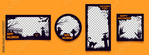 Halloween black frame social media templates with trick or treat holiday monsters vector silhouettes. Horror pumpkin, ghost, bats and zombie hands, cemetery, cat, raven and spider web border lines