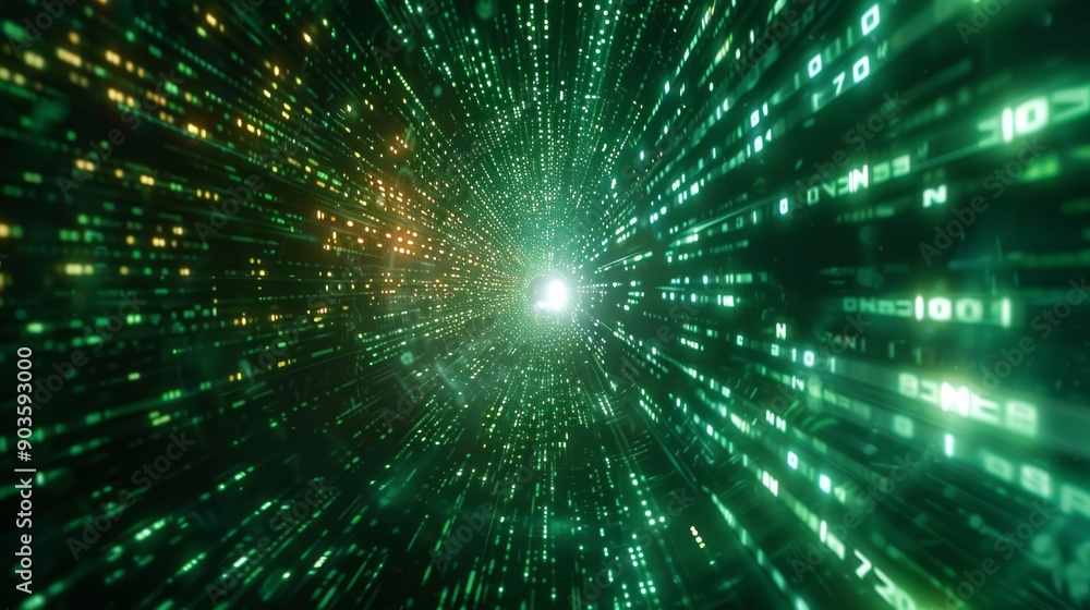 Tunnel with green lights and symbols. Fast data transmission. Digital highway and modern technology Tunnel with green lights and symbols. Fast data transmission. Digital highway and modern technology