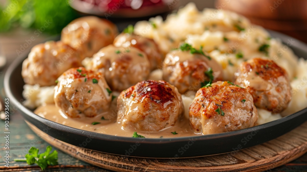 Swedish Meatballs, Köttbullar: A plate of traditional Swedish meatballs served with creamy gravy, cranberry sauce, and mashed potatoes. Swedish Meatballs, Köttbullar: A plate of traditional Swedish meatballs served with creamy gravy, cranberry sauce, and mashed potatoes.