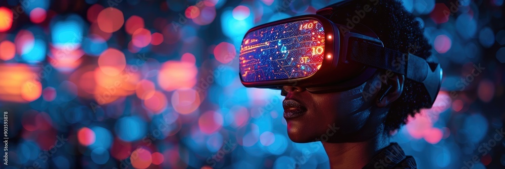 Person using virtual reality headset with futuristic neon lights ...