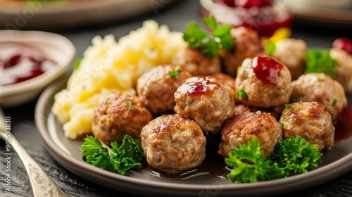 Swedish Meatballs, Köttbullar: A plate of traditional Swedish meatballs served with creamy gravy, cranberry sauce, and mashed potatoes.