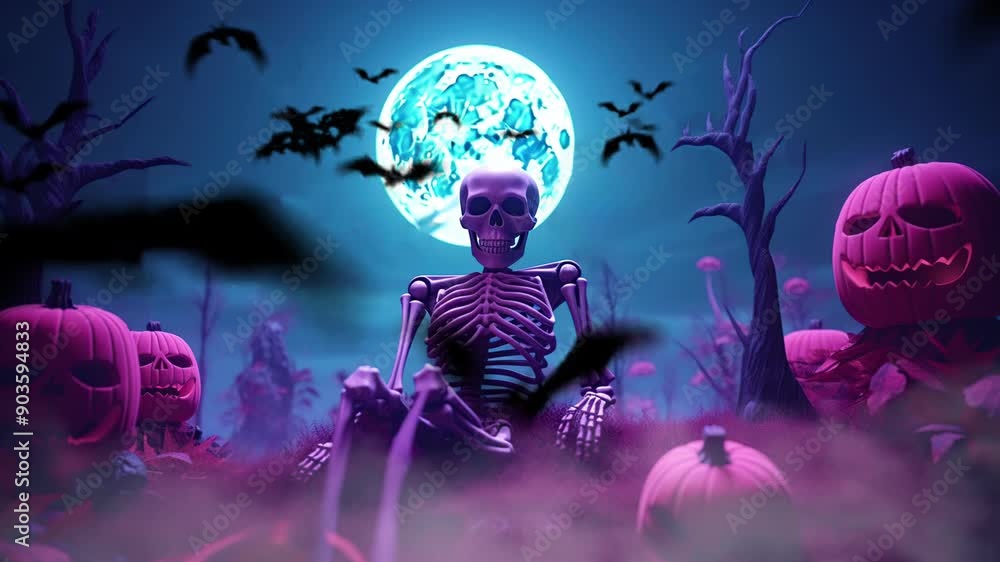 Scary Skeleton and Pumpkins in graveyard at full moon night. Halloween day. Scary Skeleton and Pumpkins in graveyard at full moon night. Halloween day.