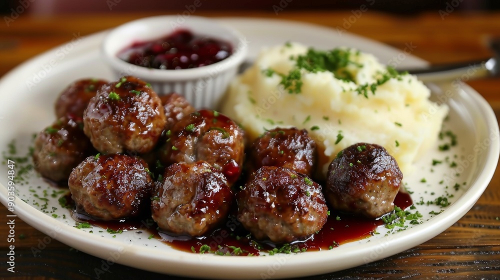 Swedish Meatballs, Köttbullar: A plate of traditional Swedish meatballs served with creamy gravy, cranberry sauce, and mashed potatoes. Swedish Meatballs, Köttbullar: A plate of traditional Swedish meatballs served with creamy gravy, cranberry sauce, and mashed potatoes.