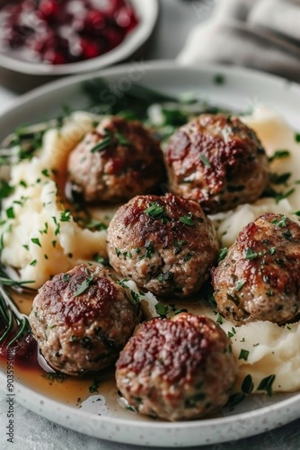 Swedish Meatballs, Köttbullar: A plate of traditional Swedish meatballs served with creamy gravy, cranberry sauce, and mashed potatoes.