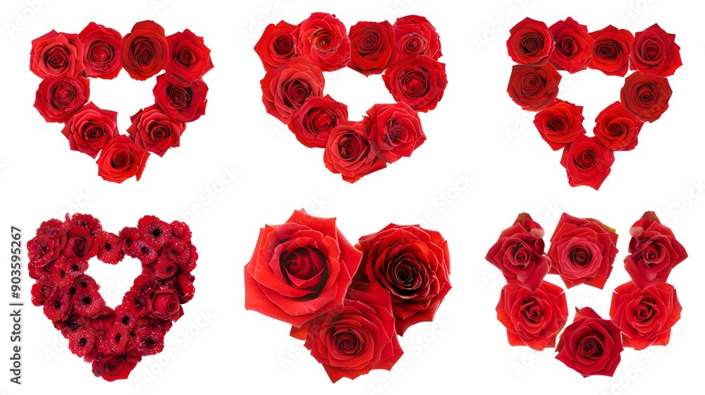 Set of Valentines Day Heart shape made of red roses decorations elements, isolated on white background Set of Valentines Day Heart shape made of red roses decorations elements, isolated on white background