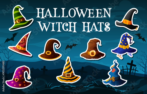 Stickers of Halloween witch hats, evil wizard and magician caps. Vector cartoon magic hats of Halloween holiday trick or treat witch costume with stripes and hearts patterns, patches and buckles