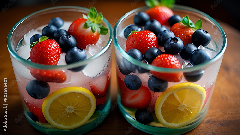 Image of a glass of soda with some nutritious fruits, health, nutrition, fruit, strawberries, blueberries, drinks, soda, lemon, mint leaves, colorful, AI-generated Image of a glass of soda with some nutritious fruits, health, nutrition, fruit, strawberries, blueberries, drinks, soda, lemon, mint leaves, colorful, AI-generated