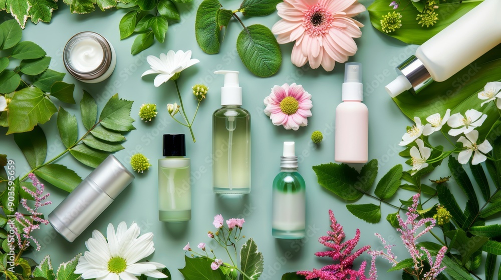 A flat lay image featuring a variety of natural beauty products, including bottles, jars, and tubes, surrounded by fresh flowers and greenery. The image symbolizes natural ingredients, organic beauty, A flat lay image featuring a variety of natural beauty products, including bottles, jars, and tubes, surrounded by fresh flowers and greenery. The image symbolizes natural ingredients, organic beauty,