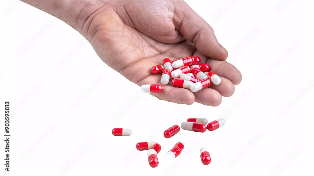 A man's hand displays crimson and ivory tablets on a blank background. A man's hand displays crimson and ivory tablets on a blank background.