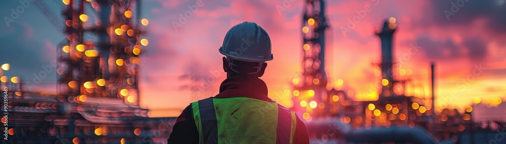 Industrial Worker Overlooking Oil Refinery at Sunset with Vibrant Sky and Illuminated Structures Industrial Worker Overlooking Oil Refinery at Sunset with Vibrant Sky and Illuminated Structures