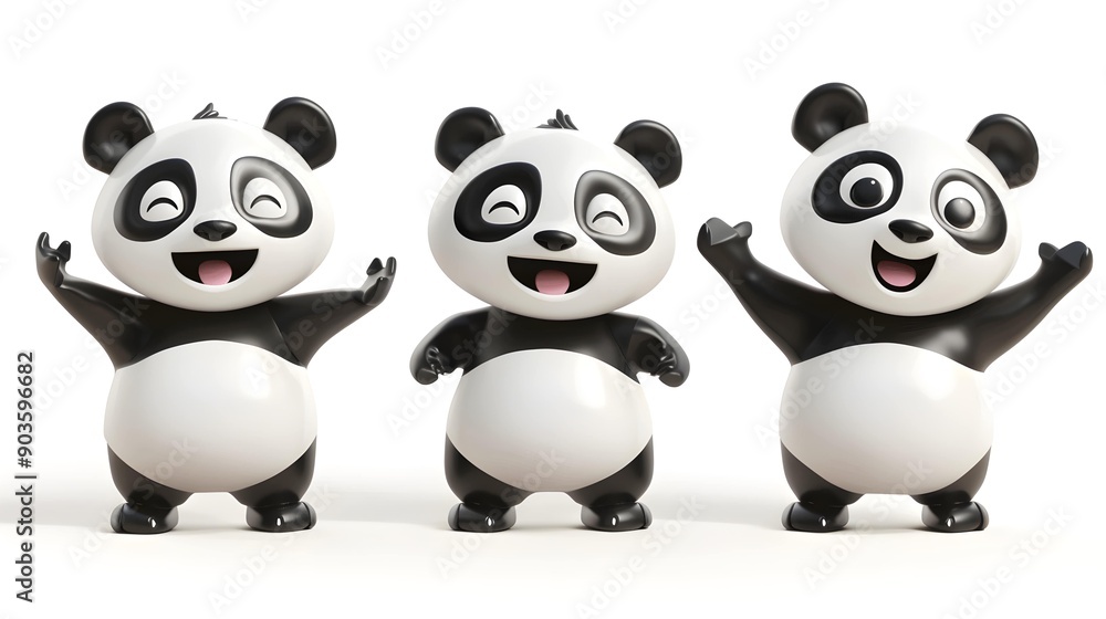 Set of 3D cute happy cartoon panda bear, isolated on white background Set of 3D cute happy cartoon panda bear, isolated on white background
