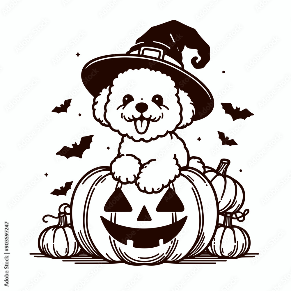  Bichon Frise Dog Wearing Witch Hat On Pumpkin Halloween Costume Cute Cartoon Vector svg Clipart  